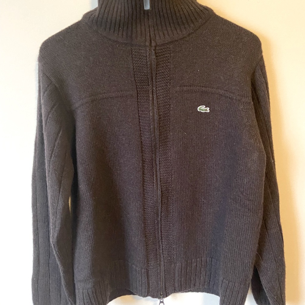 Brown Lacoste Zip-up Turtleneck Sweater ||
